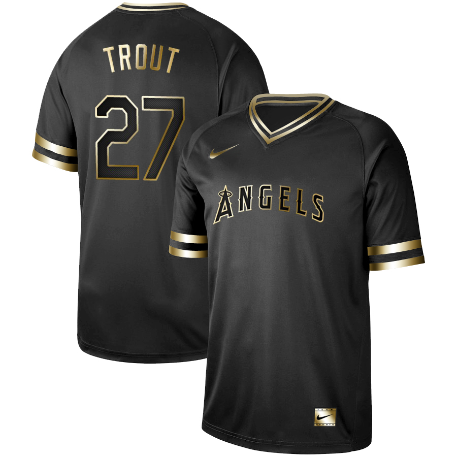 Personalized Angels 27 Mike Trout Black Gold Cooperstown Collection Legend V Neck Jersey