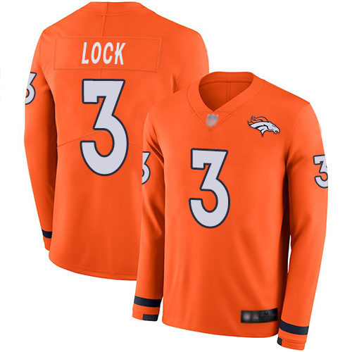 Personalized Broncos #3 Drew Lock Orange Team Color Men’s Stitched Football Limited Therma Long Sleeve Jersey