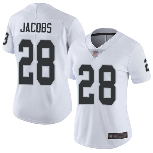 Personalized Raiders #28 Josh Jacobs White Women’s Stitched Football Untouchable Limited Jersey