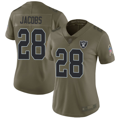 Personalized Raiders #28 Josh Jacobs Olive Women’s Stitched Football Limited 2017 Salute to Service Jersey