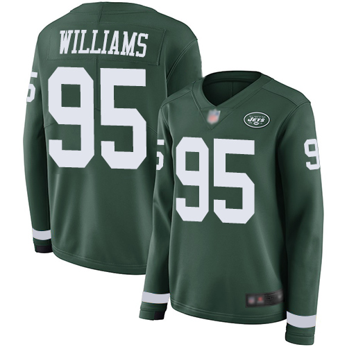 Personalized Jets #95 Quinnen Williams Green Team Color Women’s Stitched Football Limited Therma Long Sleeve Jersey