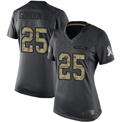 Personalized Chargers #25 Melvin Gordon III Black Women’s Stitched Football Limited 2016 Salute to Service Jersey