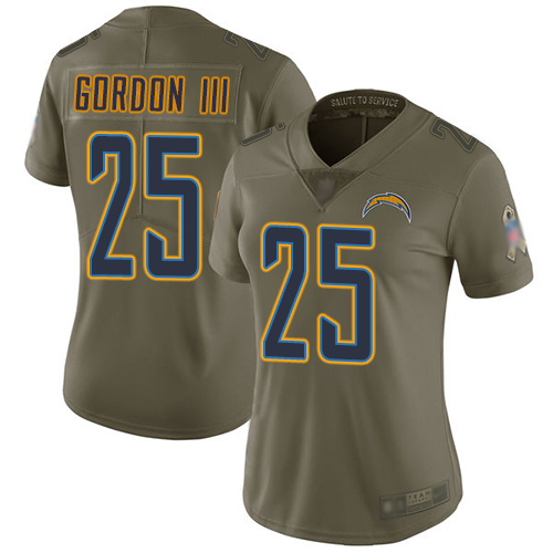 Personalized Chargers #25 Melvin Gordon III Olive Women’s Stitched Football Limited 2017 Salute to Service Jersey