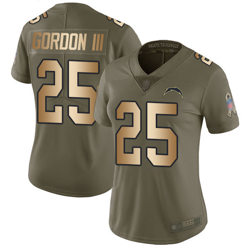 Personalized Chargers #25 Melvin Gordon III Olive Gold Women’s Stitched Football Limited 2017 Salute to Service Jersey
