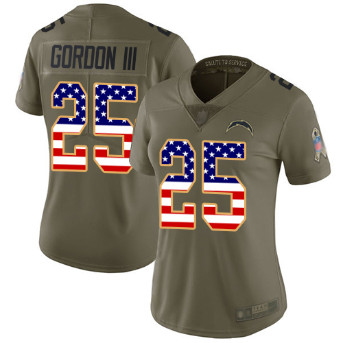 Personalized Chargers #25 Melvin Gordon III Olive USA Flag Women’s Stitched Football Limited 2017 Salute to Service Jersey