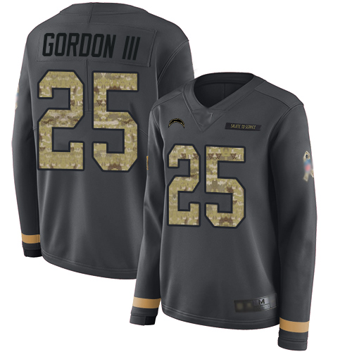 Personalized Chargers #25 Melvin Gordon III Anthracite Salute to Service Women’s Stitched Football Limited Therma Long Sleeve Jersey