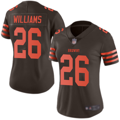 Personalized Browns #26 Greedy Williams Brown Women’s Stitched Football Limited Rush Jersey