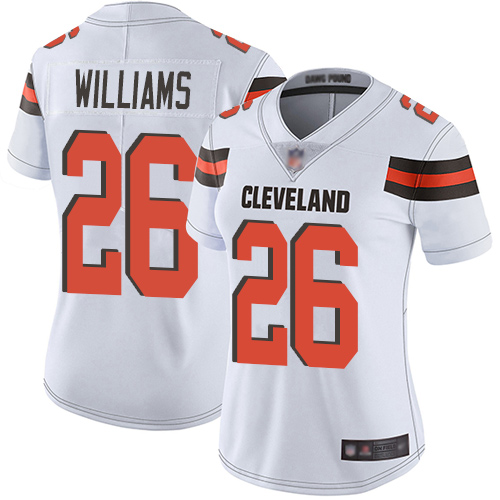 Personalized Browns #26 Greedy Williams White Women’s Stitched Football Untouchable Limited Jersey