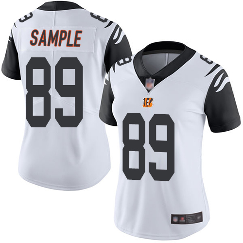 Personalized Bengals #89 Drew Sample White Women’s Stitched Football Limited Rush Jersey