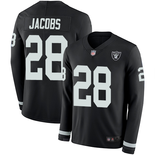 Personalized Raiders #28 Josh Jacobs Black Team Color Men’s Stitched Football Limited Therma Long Sleeve Jersey