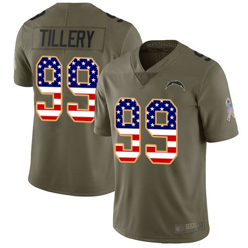 Personalized Chargers #99 Jerry Tillery Olive USA Flag Men’s Stitched Football Limited 2017 Salute To Service Jersey