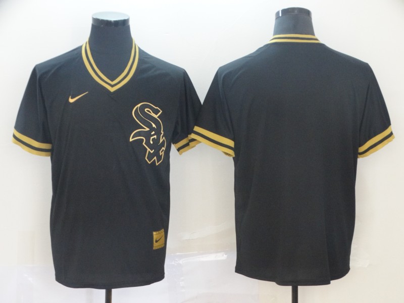 Personalized White Sox Blank Black Gold Cooperstown Collection Legend V Neck Jersey