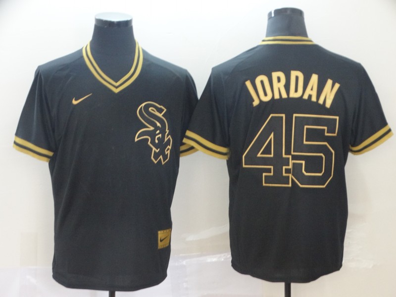Personalized White Sox 45 Michael Jordan Black Gold Cooperstown Collection Legend V Neck Jersey