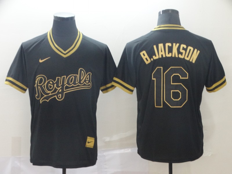 Personalized Royals 16 Bo Jackson Black Gold Cooperstown Collection Legend V Neck Jersey