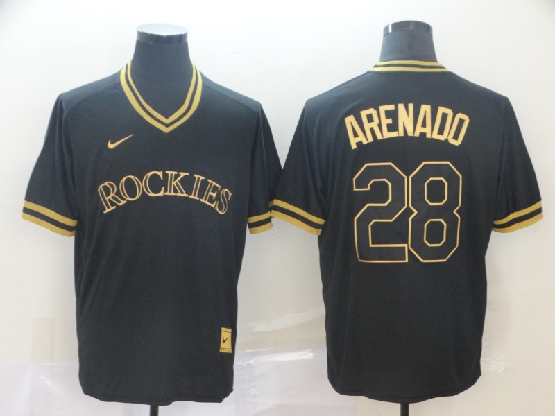 Personalized Rockies 28 Nolan Arenado Black Gold Cooperstown Collection Legend V Neck Jersey