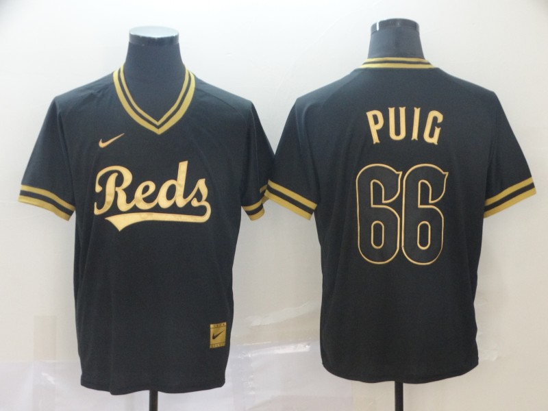 Personalized Reds 66 Yasiel Puig Black Gold Cooperstown Collection Legend V Neck Jersey