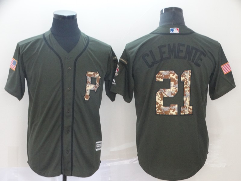 Personalized Pirates 21 Roberto Clemente Olive Camo Salute To Service Cool Base Jersey