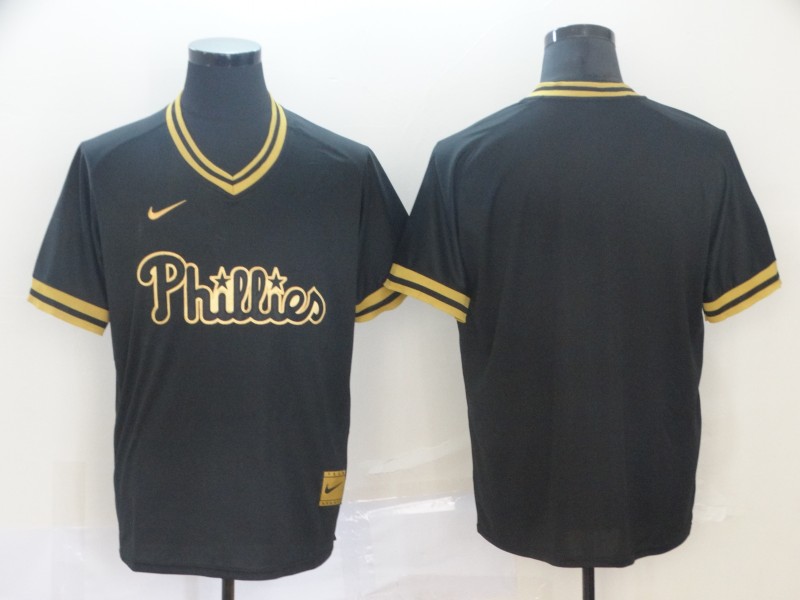 Personalized Phillies Blank Black Gold Cooperstown Collection Legend V Neck Jersey
