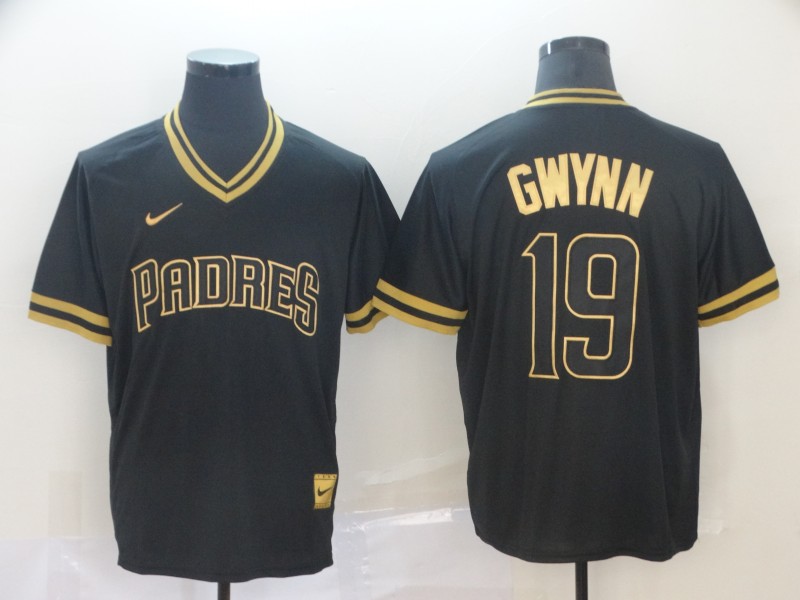 Personalized Padres 19 Tony Gwynn Black Gold Cooperstown Collection Legend V Neck Jersey