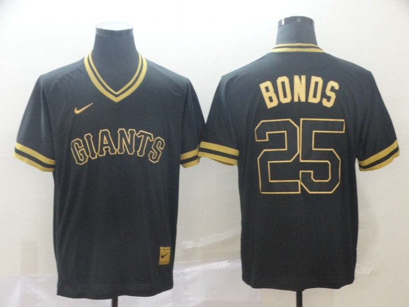 Personalized Giants 25 Barry Bonds Black Gold Cooperstown Collection Legend V Neck Jersey