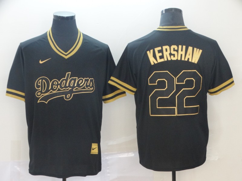 Personalized Dodgers 22 Clayton Kershaw Black Gold Cooperstown Collection Legend V Neck Jersey