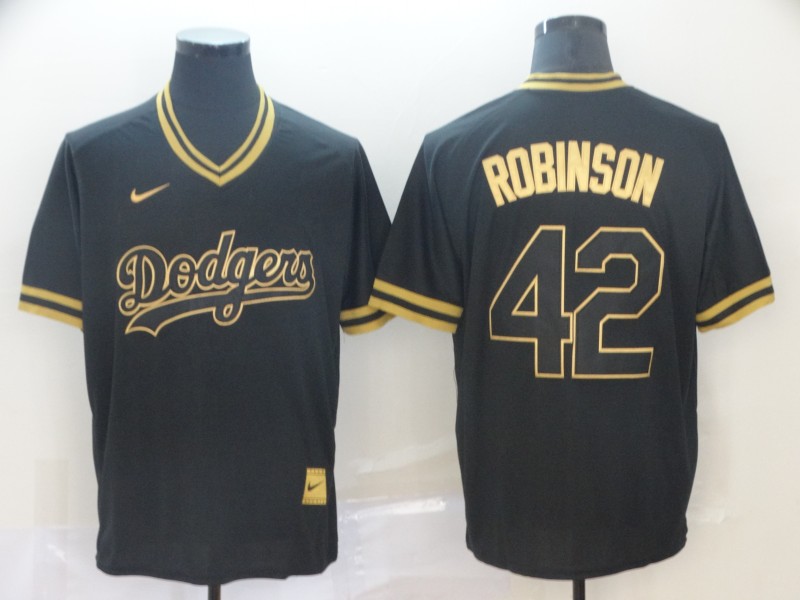 Personalized Dodgers 42 Jackie Robinson Black Gold Cooperstown Collection Legend V Neck Jersey