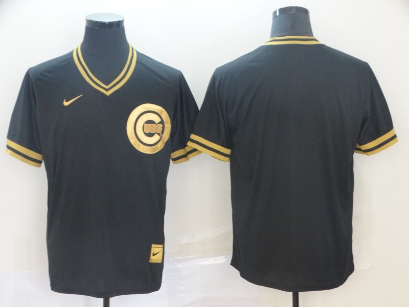 Personalized Cubs Blank Black Gold Cooperstown Collection Legend V Neck Jersey
