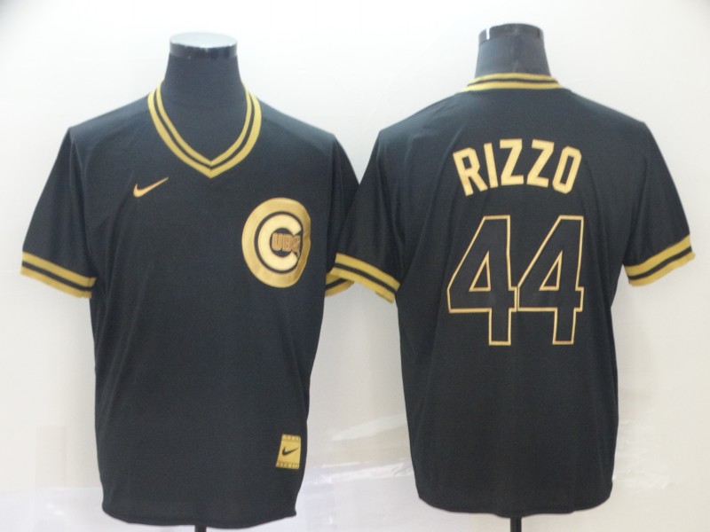 Personalized Cubs 44 Anthony Rizzo Black Gold Cooperstown Collection Legend V Neck Jersey