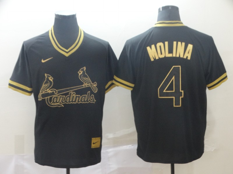 Personalized Cardinals 4 Yadier Molina Black Gold Cooperstown Collection Legend V Neck Jersey