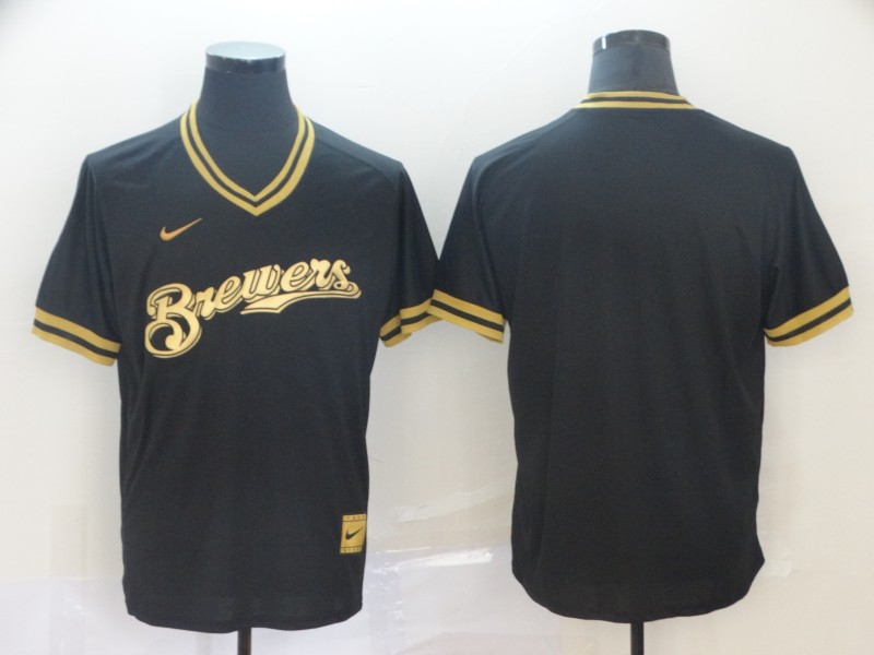 Personalized Brewers Blank Black Gold Cooperstown Collection Legend V Neck Jersey