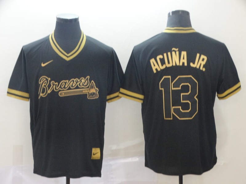 Personalized Braves 13 Ronald Acuna Jr Black Gold Cooperstown Collection Legend V Neck Jersey
