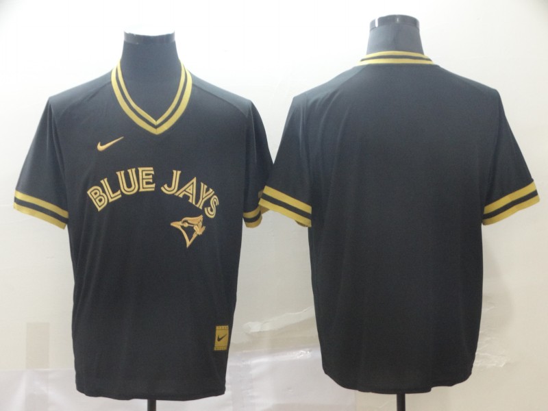 Personalized Blue Jays Blank Black Gold Cooperstown Collection Legend V Neck Jersey