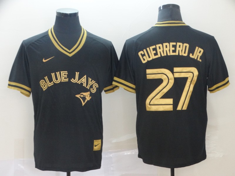 Personalized Blue Jays 27 Vladimir Guerrero Jr. Black Gold Cooperstown Collection Legend V Neck Jersey