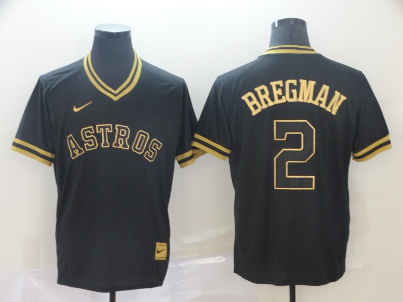 Personalized Astros 2 Alex Bregman Black Gold Cooperstown Collection Legend V Neck Jersey