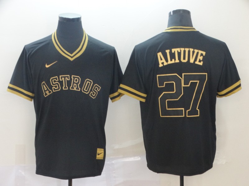 Personalized Astros 27 Jose Altuve Black Gold Cooperstown Collection Legend V Neck Jersey