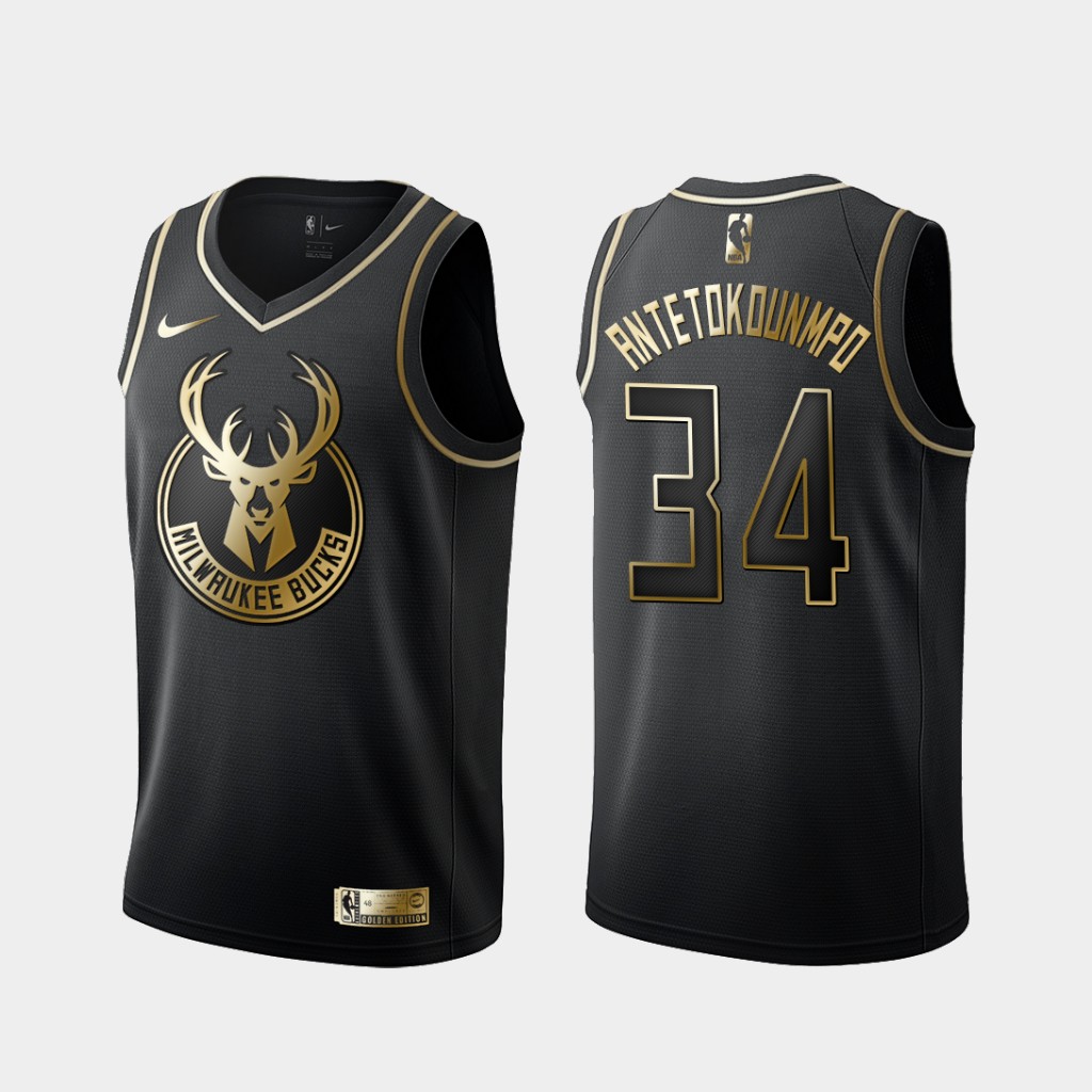 Personalized Bucks 34 Giannis Antetokounmpo Black Gold Swingman Jersey