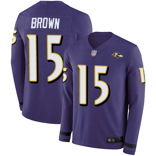 Personalized Ravens #15 Marquise Brown Purple Team Color Youth Stitched Football Limited Therma Long Sleeve Jersey