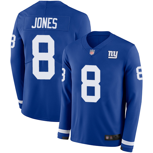 Personalized Giants #8 Daniel Jones Royal Blue Team Color Youth Stitched Football Limited Therma Long Sleeve Jersey
