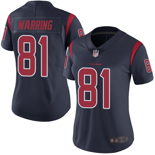 Personalized Texans #81 Kahale Warring Navy Blue Women’s Stitched Football Limited Rush Jersey