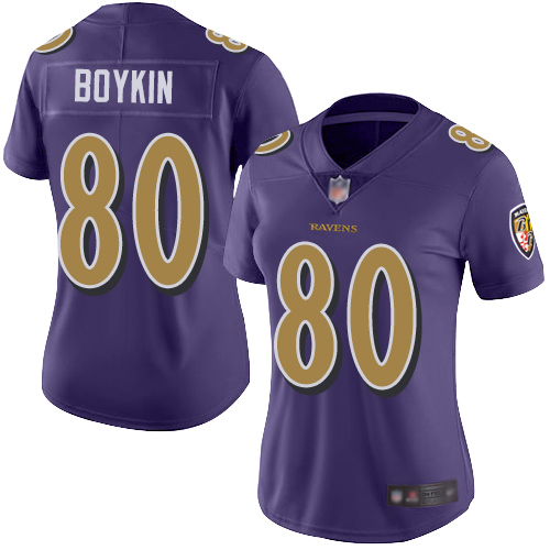 Personalized Ravens #80 Miles Boykin Purple Women’s Stitched Football Limited Rush Jersey