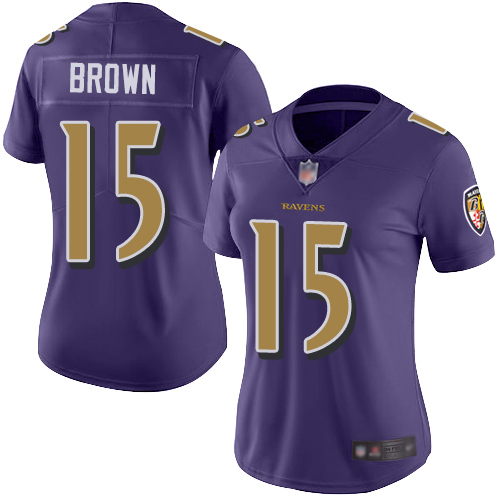 Personalized Ravens #15 Marquise Brown Purple Women’s Stitched Football Limited Rush Jersey