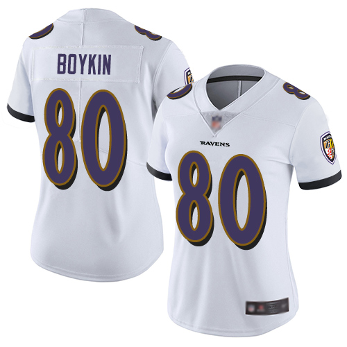 Personalized Ravens #80 Miles Boykin White Women’s Stitched Football Untouchable Limited Jersey