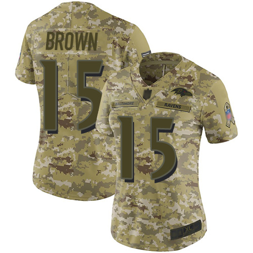 Personalized Ravens #15 Marquise Brown Camo Women’s Stitched Football Limited 2018 Salute to Service Jersey
