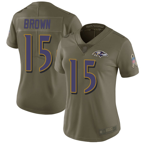 Personalized Ravens #15 Marquise Brown Olive Women’s Stitched Football Limited 2017 Salute to Service Jersey