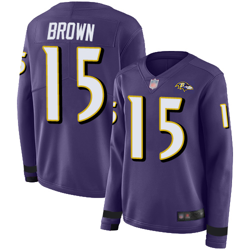 Personalized Ravens #15 Marquise Brown Purple Team Color Women’s Stitched Football Limited Therma Long Sleeve Jersey