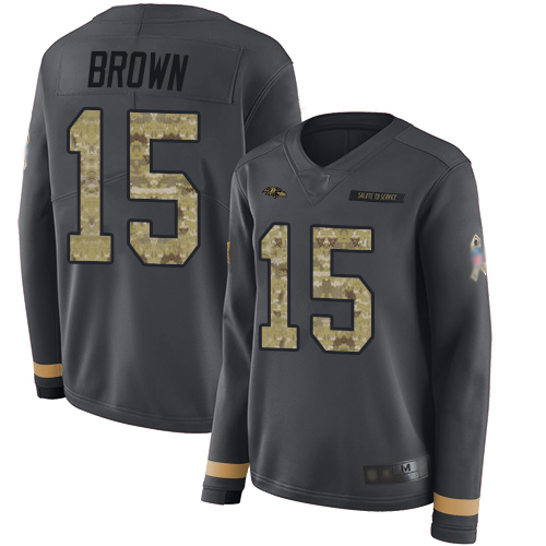 Personalized Ravens #15 Marquise Brown Anthracite Salute to Service Women’s Stitched Football Limited Therma Long Sleeve Jersey