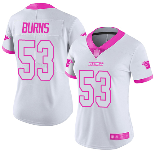 Personalized Panthers #53 Brian Burns White Pink Women’s Stitched Football Limited Rush Fashion Jersey