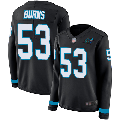 Personalized Panthers #53 Brian Burns Black Team Color Women’s Stitched Football Limited Therma Long Sleeve Jersey