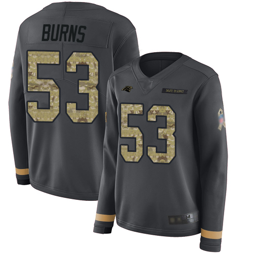 Personalized Panthers #53 Brian Burns Anthracite Salute to Service Women’s Stitched Football Limited Therma Long Sleeve Jersey