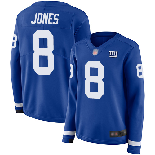 Personalized Giants #8 Daniel Jones Royal Blue Team Color Women’s Stitched Football Limited Therma Long Sleeve Jersey